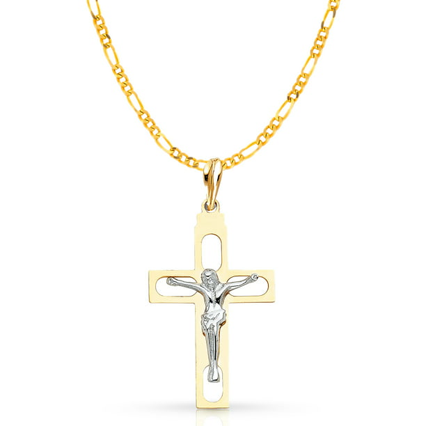 14K Two-Tone Gold Rugged Edged Cross Crucifix Pendant with Cuban Chain Necklace 